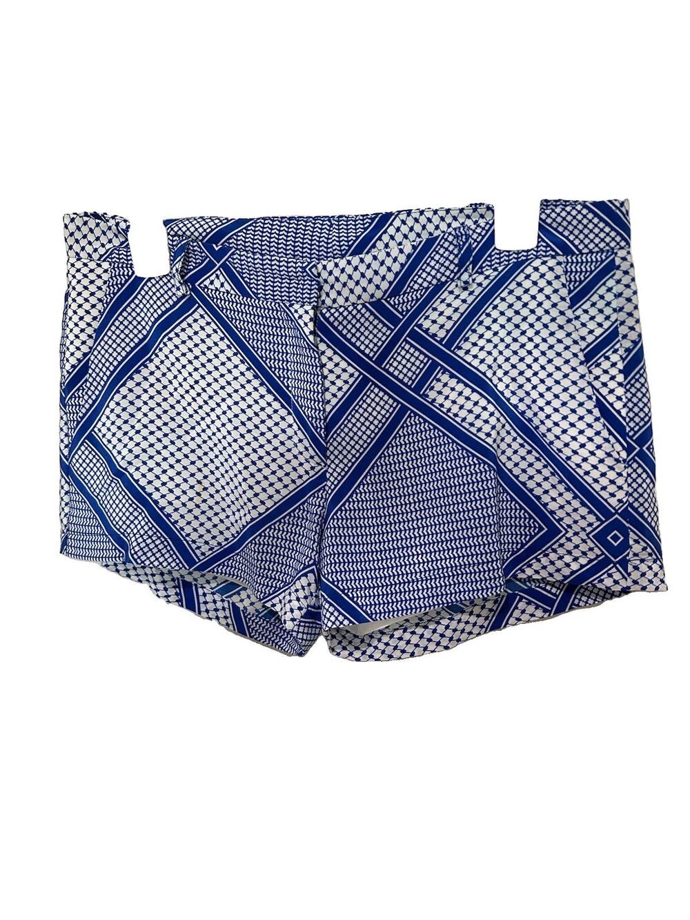 Amanda Uprichard Blue White Geometric Pattern Silk Shorts Women's Size S